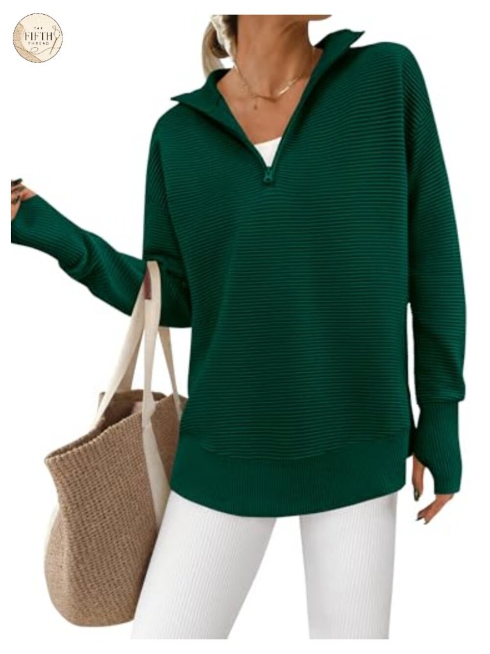 Womens Ribbed Knit Quarter Zip Pullover Sweater with Thumb Holes